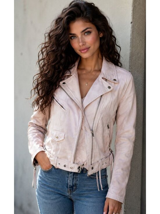 Free People Jackets & Blazers - Free People Jacket Moto Washed Rose Pink Denim Lace Up Sides Belted Zippers M